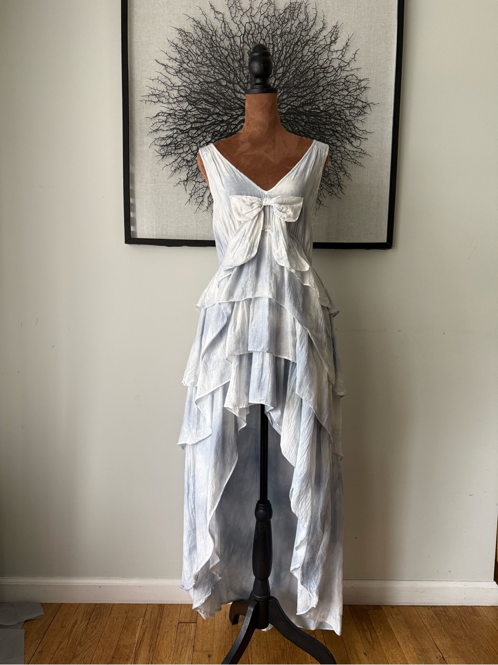 Love Shack Fancy Risley Tiered -Ruffle High-Low Maxi Dress Heather Blue Cotton
